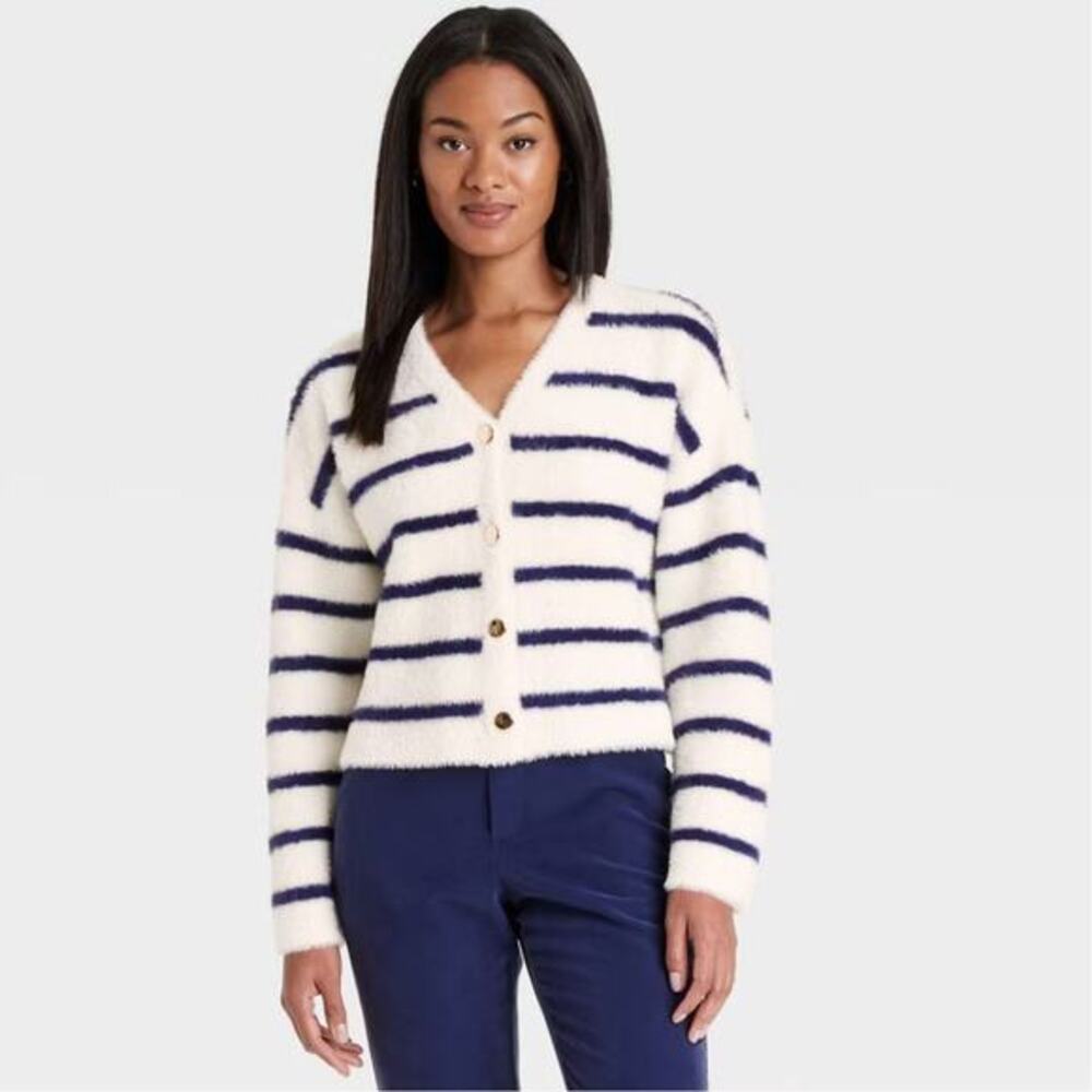 A New Day Women's Fuzzy Party‎ Cardigan Cream Navy Striped Size Large